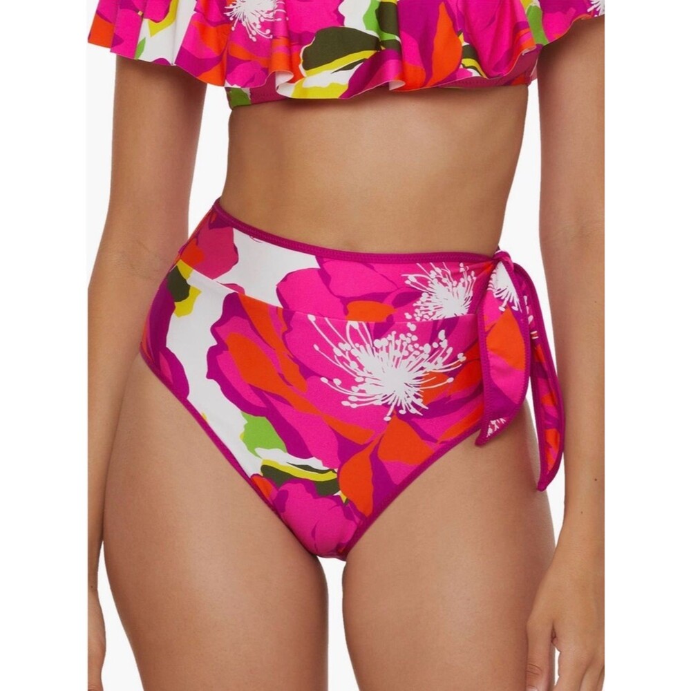 Trina Turk Bloom High Waist Bikini Bottoms Pink Floral Side Tie 6 NWT